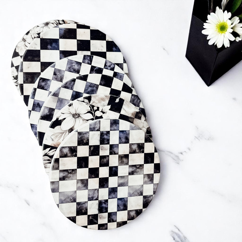 premium ceramic coasters courtly check black white checkered pattern luxury floral accents cork back table decor
cottagecore ceramic coasters courtly check black white checkered gingham floral pattern luxury cork backing